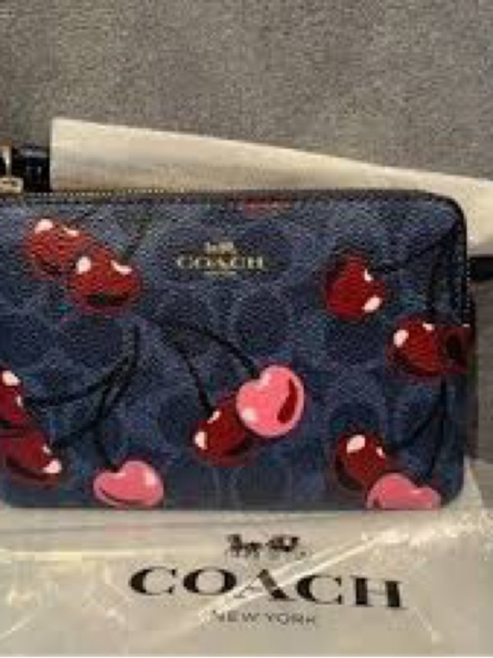 Coach Navy Cherry-Print Corner Zip Wallet with Red & Pink Cherries